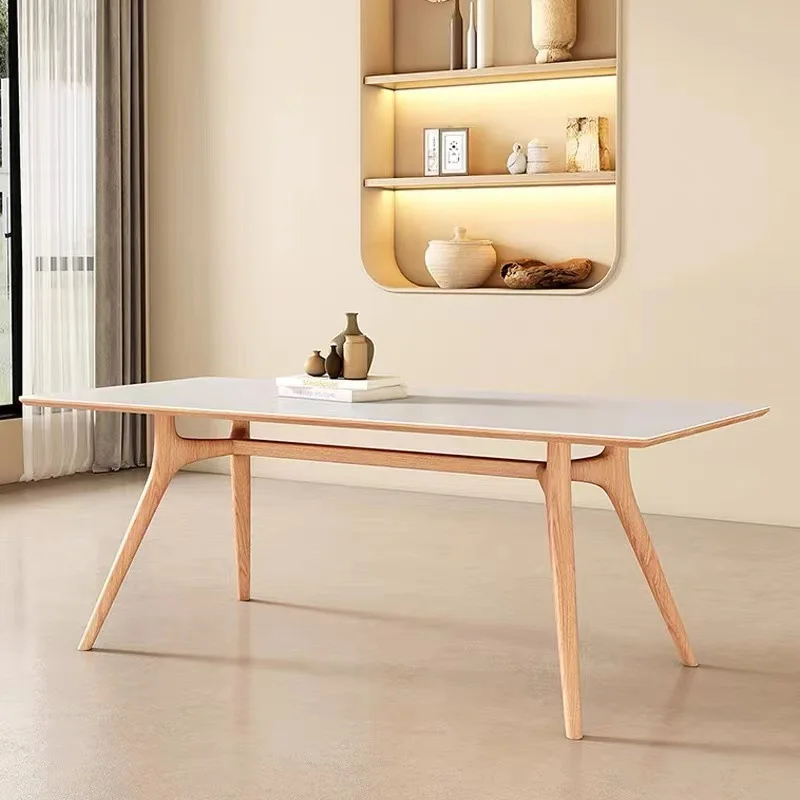 Solid wood rock board dining table, small unit rectangular dining table, modern and simple solid wood legs, pure white rock boar