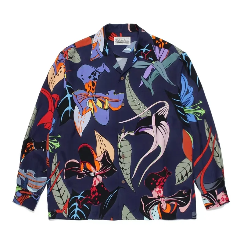 New Floral Hundred Figure WACKO MARIA Long Sleeve Shirt Best Quality Hip Hop Loose Casual Women's Brand Hawaii Shirt