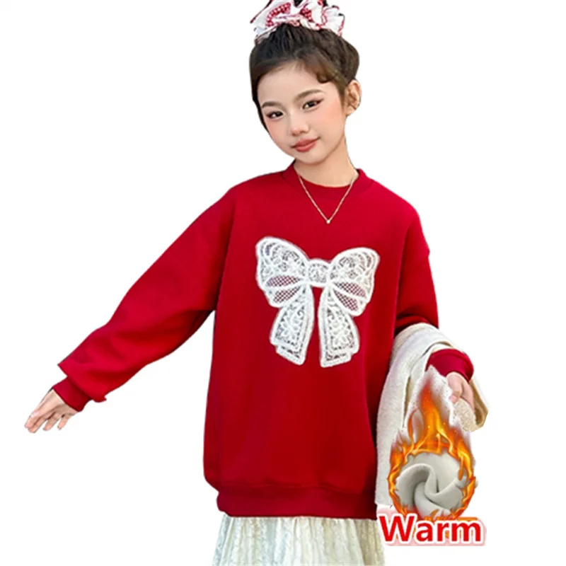 

Vintage Children Winter Warm Sweatshirt with a Lace Bow for a Girl Fashion Red Color Thick Insulated Outfit Tops 5 7 9 11 13 14Y