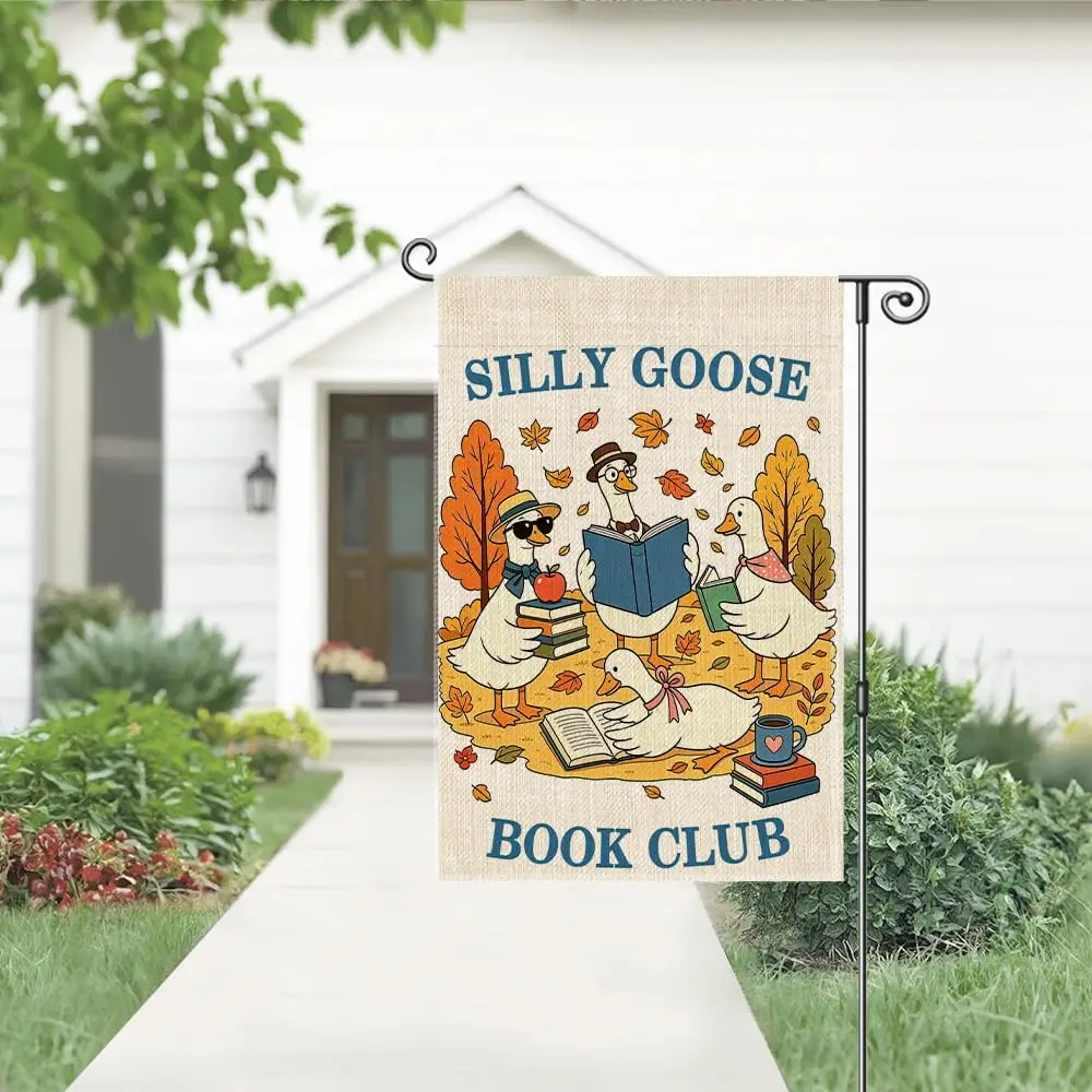 Silly Goose Book Club Garden Flag, Autumn Silly Goose Reading Yard Flags for Outside, Farmhouse Fall Bookish Yard Sign for L aaz