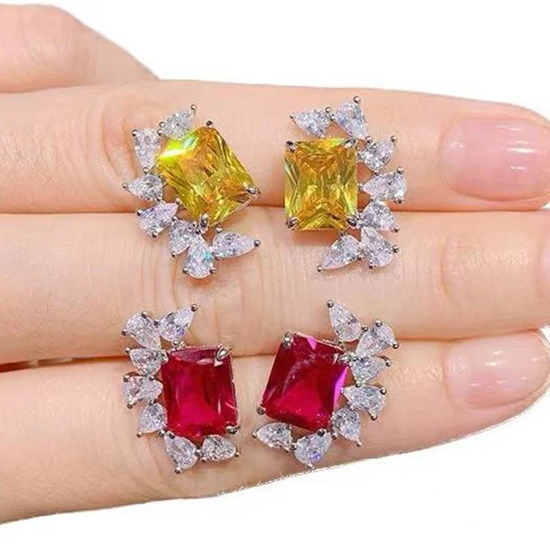 Luxury ed Yellow Square Crystal Earrings Crystal Wedding Cocktail Fine Jewelry Gift for Women High Fashion