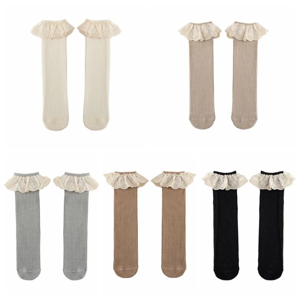 

5Pairs Ruffled Edge Baby Calf Socks Baby Long Tube Lace Trim Infant Cotton Stockings Toddle Cotton Cartoon Above Knee Socks Kids