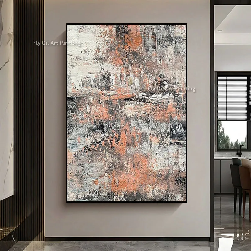 Abstract Textured Canvas Painting, Blended Rust Orange, Charcoal Grey & Cream Layers, Large Vertical Impasto Wall Art