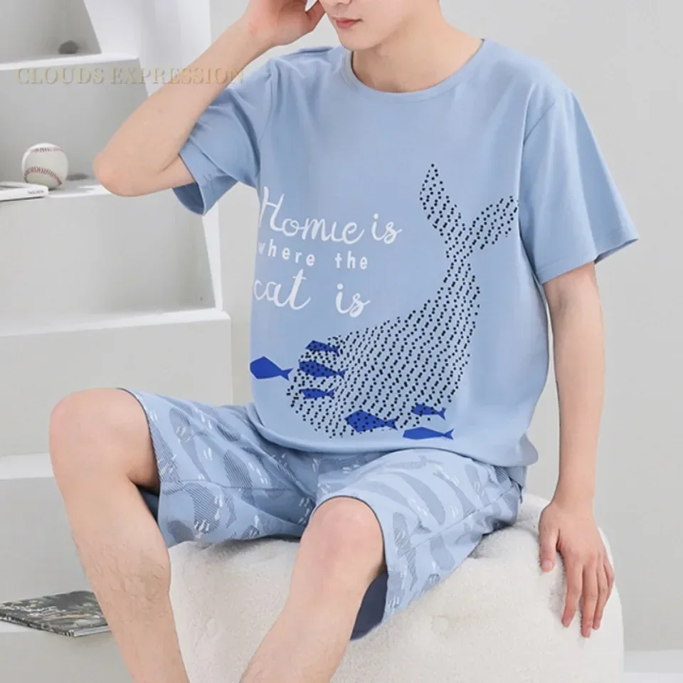 Summer 4XL Knitted Cotton Short Sleeved Men\'s Pajamas Sets Male Pajama Set Plaid Pajama For Men Sleepwear Suit Homewear Size