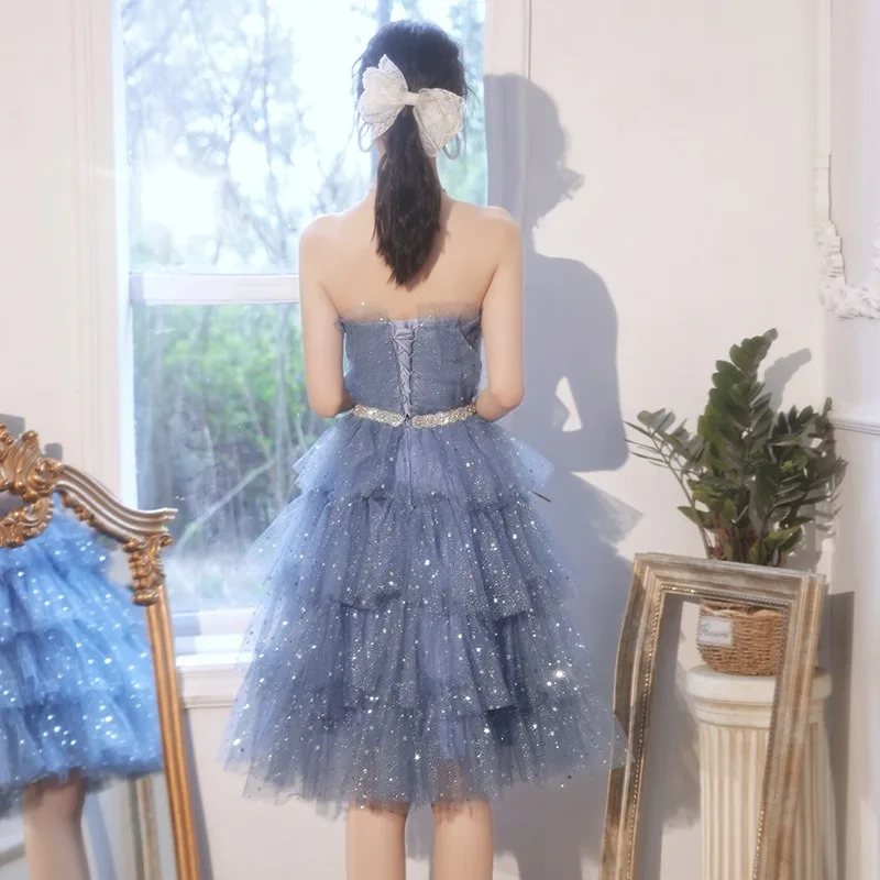 2025 신상 여성용 연회 메쉬 스팽글 스트랩리스 이브닝 드레스 패셔너블 약혼 슈퍼 페어리 스윗 슬리밍 드레스