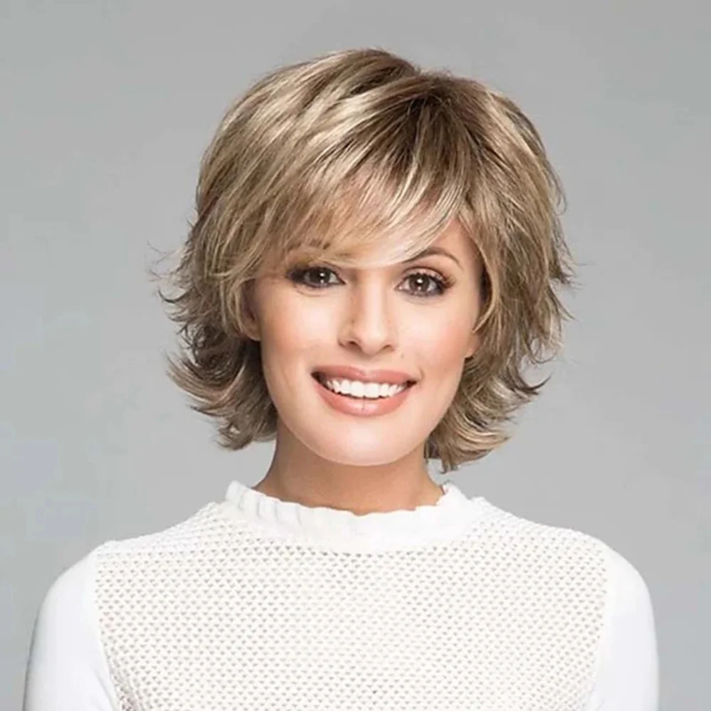 Blonde Color Costume Wig Short straight Pixie Cut Full Machine Made Heat Resistant Fiber synthetic Hair Wig With Bangs for women