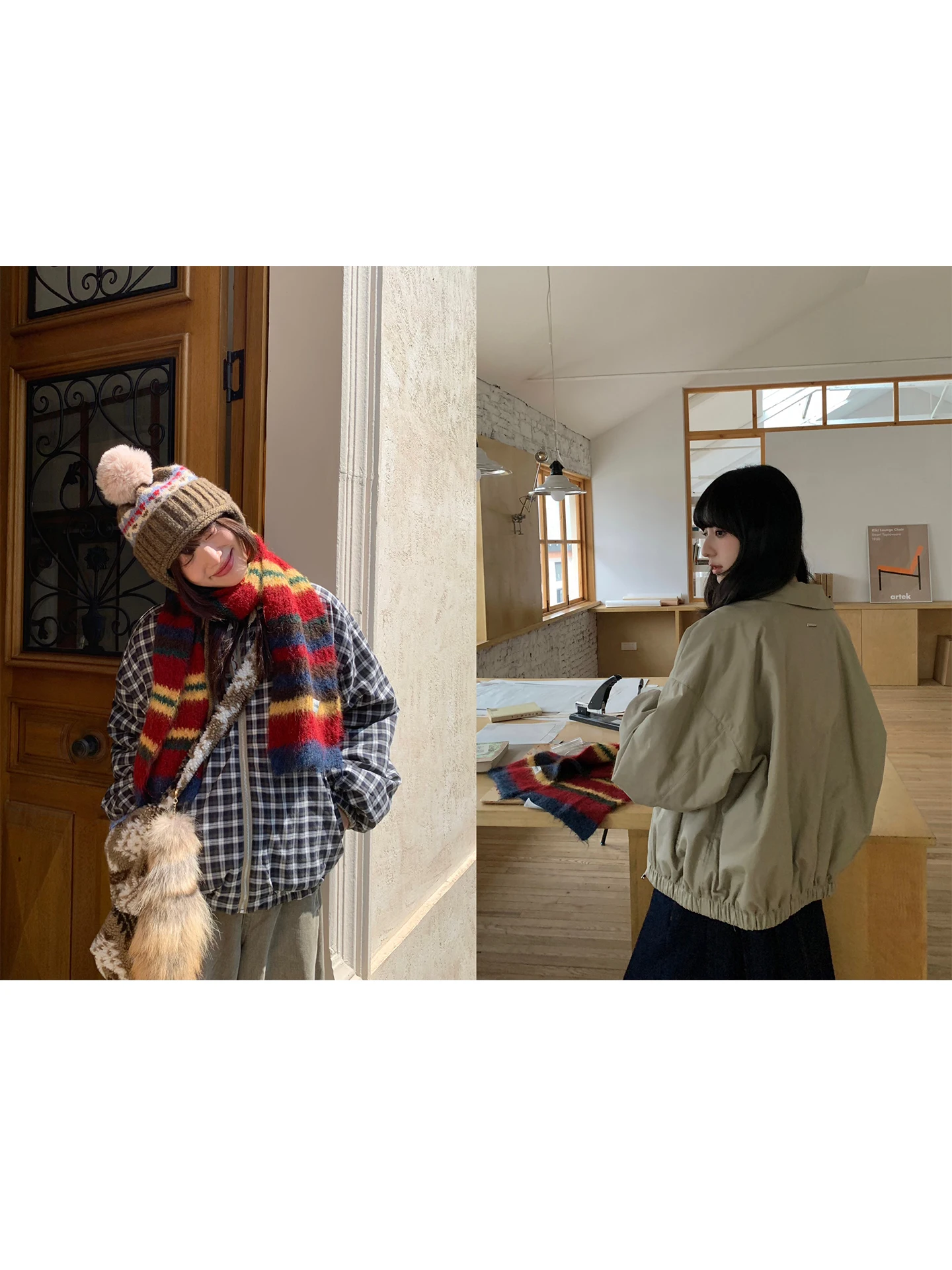 

Double-Sided Wear Diamond Pure Cotton Plaid Shirt Collar Casual Outerwear Korean Style Long Sleeve Zipper Closure Straight Cut