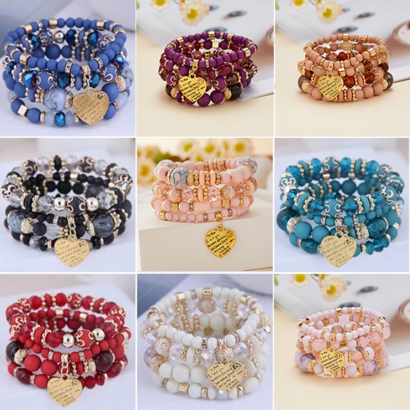 Boêmio borla empilhados colorido frisado pulseira para mulher multi-camadas encantos pulseira elástica