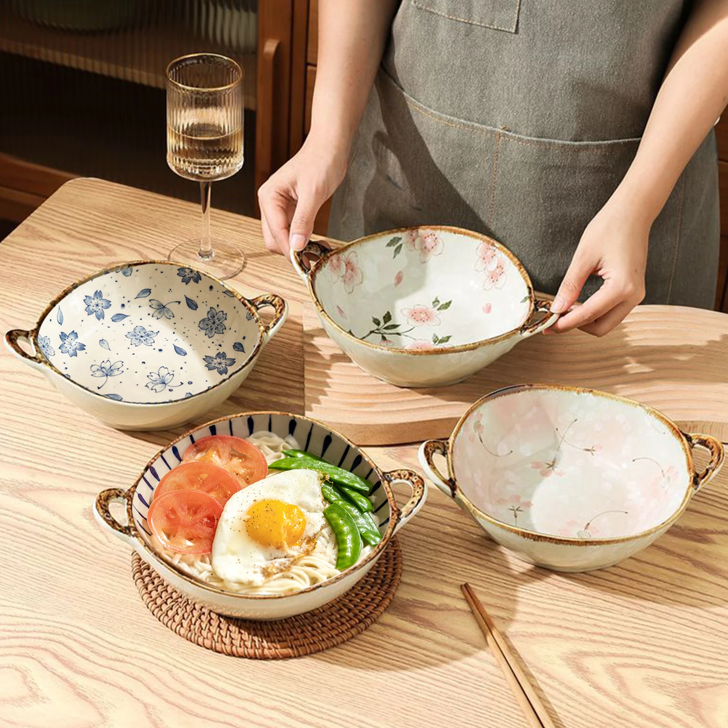 

4 шт. японская миска для супа с ручкой, 7,5 дюйма, керамическая Салатница, кухонная посуда, посуда для пасты, столовая посуда, посуда для духовки