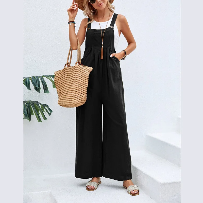 2024 Summer Vintage Women\'s Jumpsuit Ins Solid Color Women\'s Casual Pants Mid-waist Pocket Double Shoulder Denim Overalls