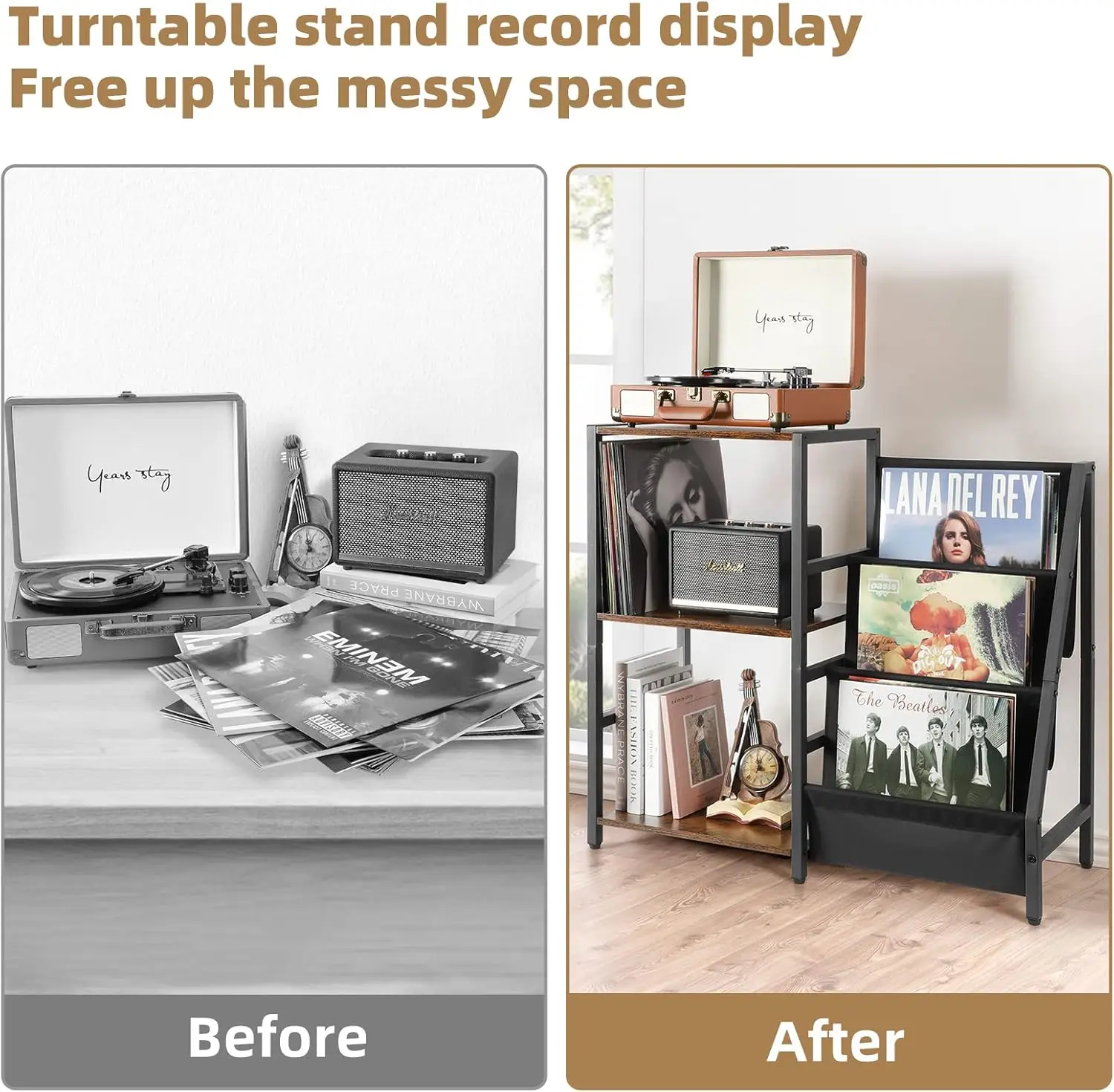 3-Tier Vinyl Record Storage Stand with Turntable Table and Display Shelf, Holds 200 Albums