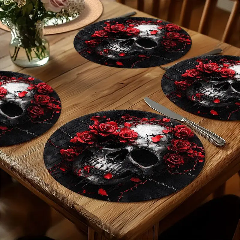 VIKAMA Thorn Red Rose Skull Placemat - Heat Resistant Western Food Mat, Gothic Halloween Table Placement Decor