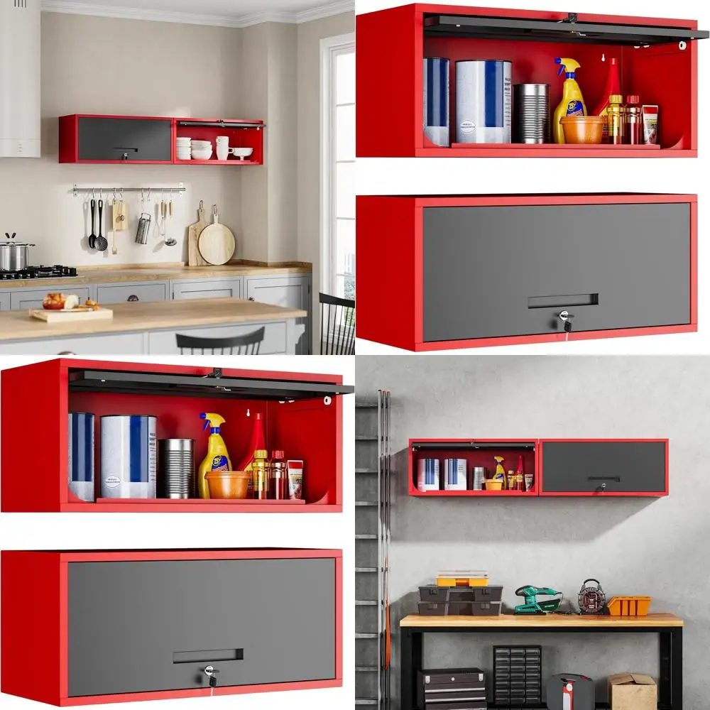 

Red and Black Metal Wall Cabinet for Kitchen, Basement, or Warehouse Storage, 13.7 High