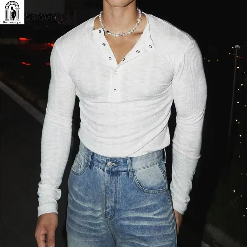 2026 Spring Stylish Knitting Henley Shirts Men Long Sleeve Buttoned Slim T Shirt Vintage Men's Solid Color Textured Knit Jumpers