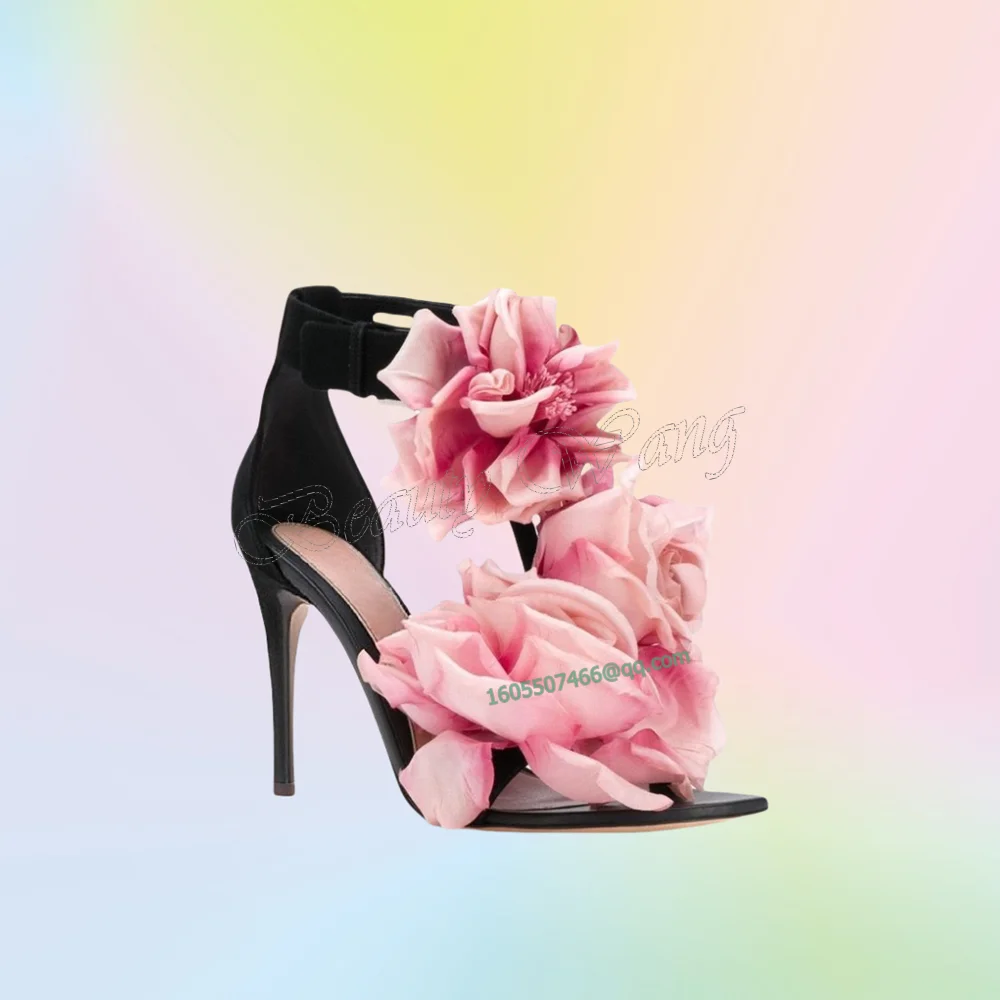 

Pink Front Big Flower Decor Sandals Ankle Buckle Heels Round Toe Shoes Thin High Heel Shoes for Women 2025 Zapatos Para Mujere