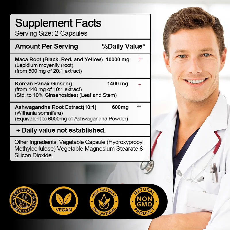 Organic Maca Ashwagandha Booster Capsule Supports Men Health, Energy and Endurance, Muscle Mass