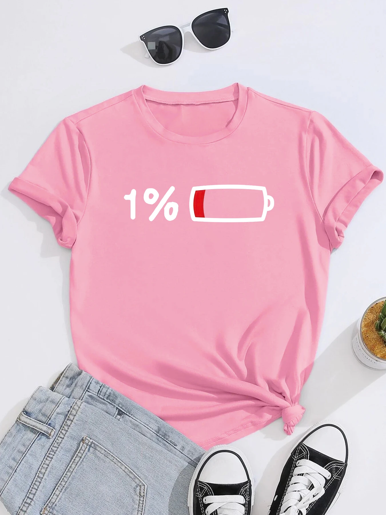 1% Battery Capacity Women T Shirt Print T-Shirt Woman Casual Short Sleeve Tee Tops for Spring Summer Female Clothing