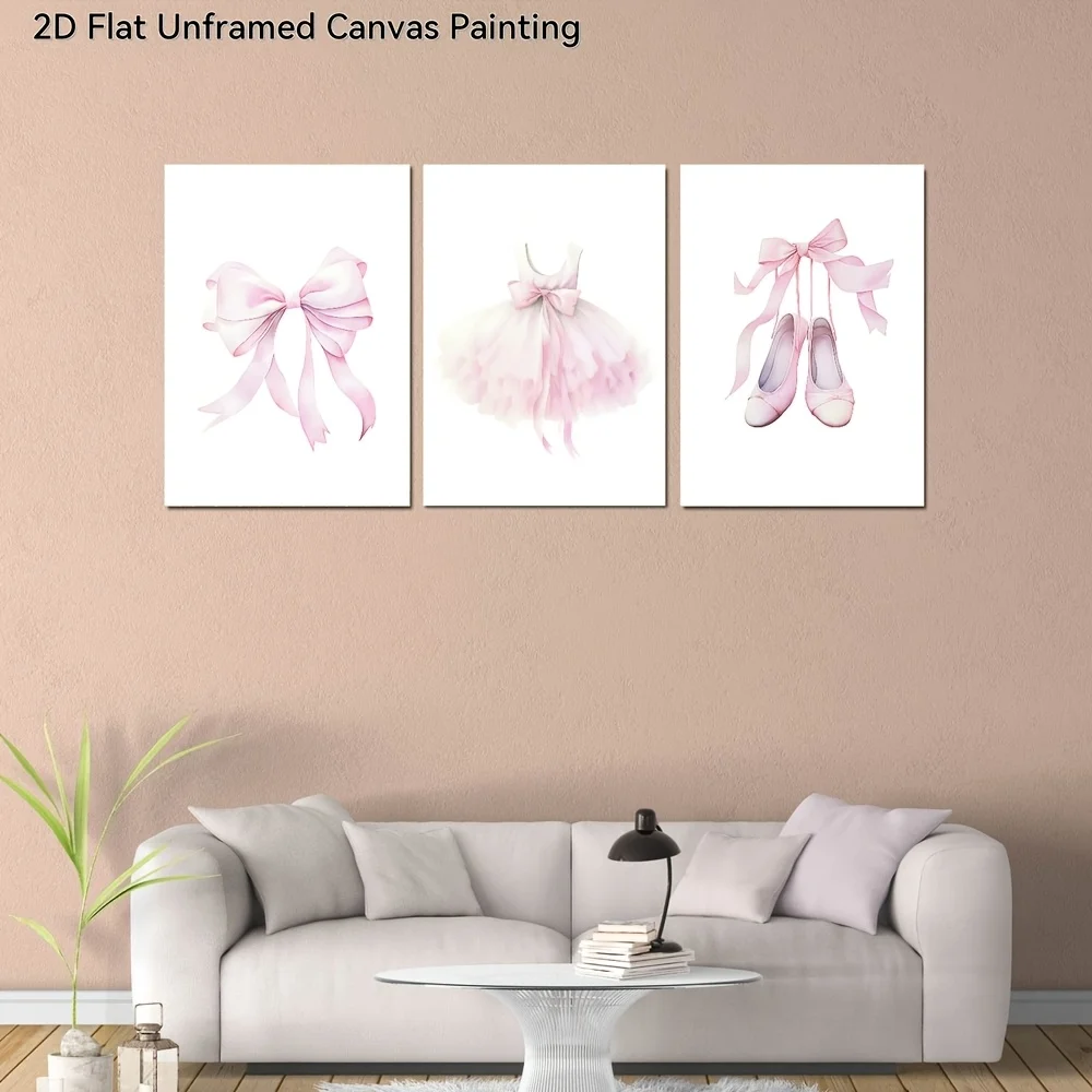 2D Flat, 3pcs Frameless Vertical Canvas - Pink Bow Dress & High Heels Watercolor Paintings, Modern Minimalist Suitable for, R