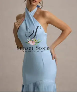 Customized Blue Floor-Length Satin Evening Dress Halter Sleeveless Prom Dress 2025 Pleated A-line Party Dress