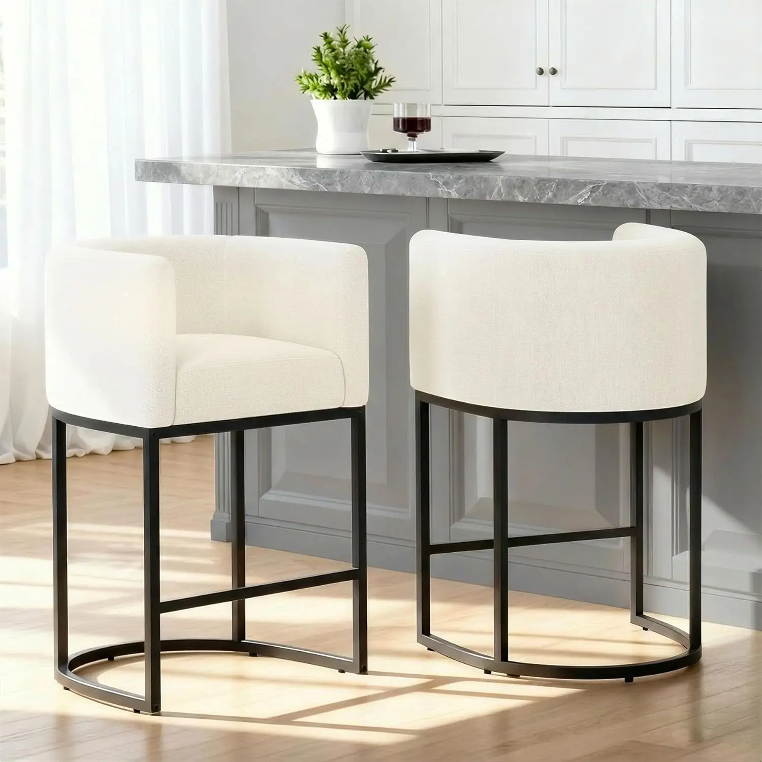 

30" H Barstools for 40–42" High Bar Tops, Upholstered Barrel Back Stools with Arms, Tall Linen Kitchen Island Chairs