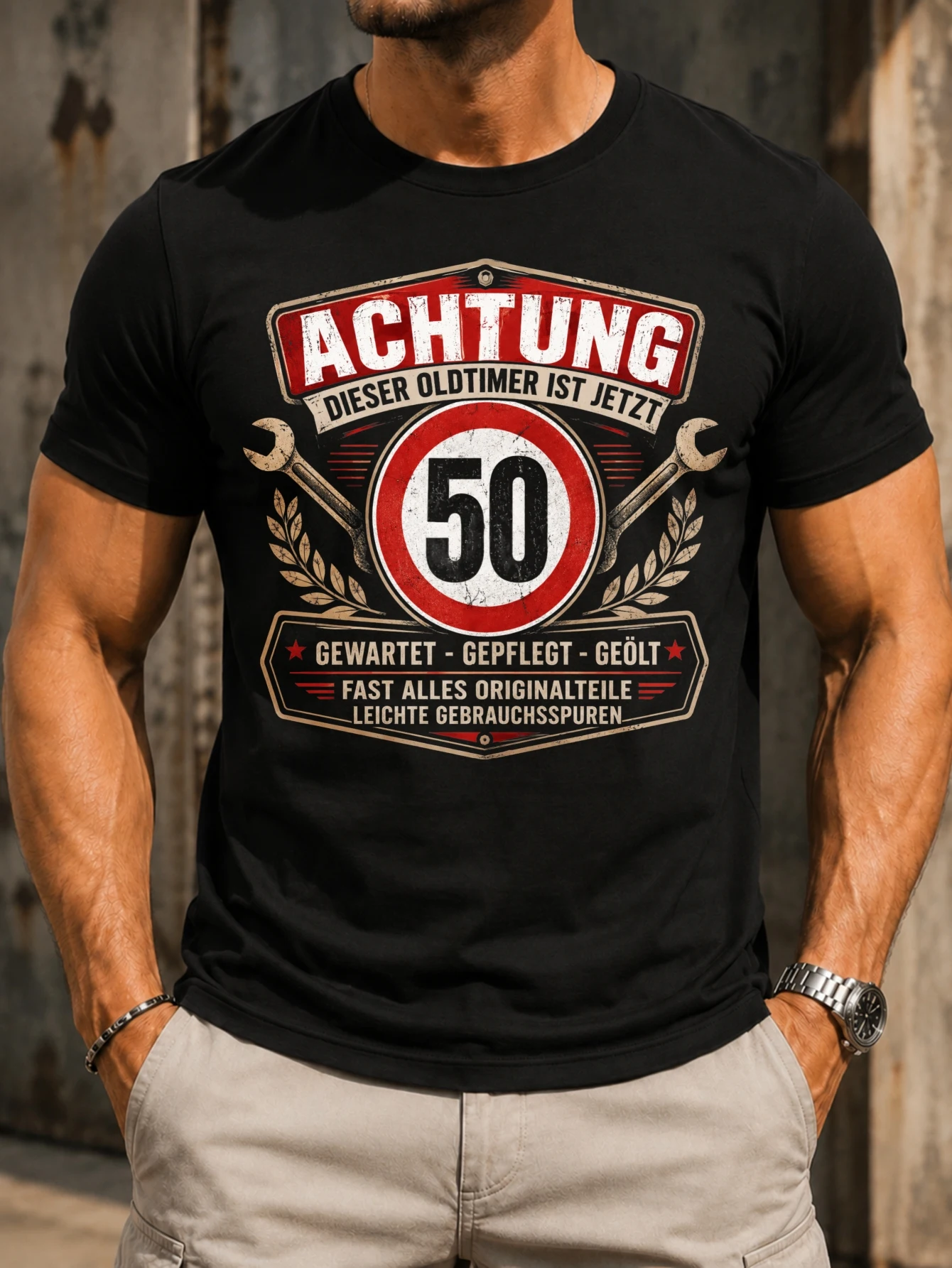 Achtung Oldtimer 50 traffic sign  with wrenches and laurel maintained cared oiled German vintage  Unisex All T-Shirt