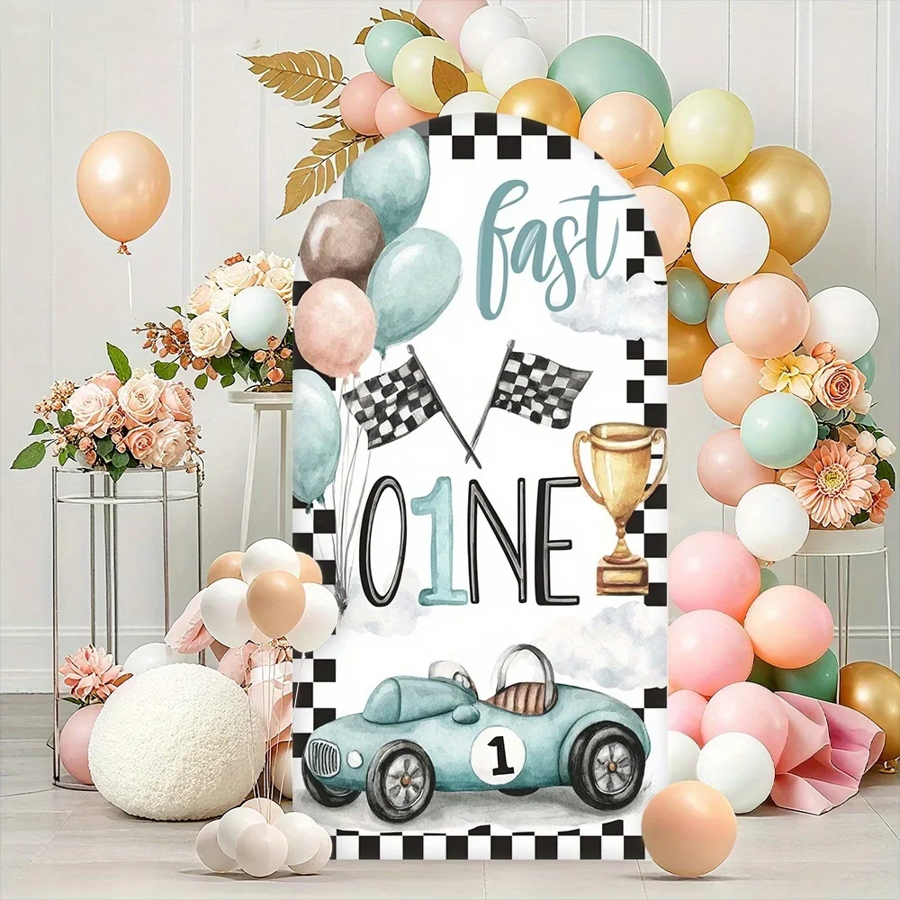 Fast One Racing Birthday Party Banner Backdrop for Boy Kids Race Car Happy 1st Birthday Arch Background Cover DIY Name Age Props