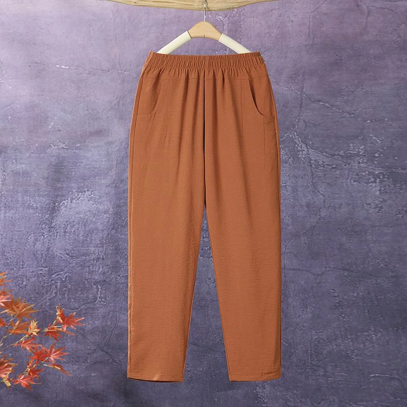 Mom's New Summer High Waist Ice Silk Elastic Pants Commuter Fashion Thin Candy Color Simple Pocket Casual Versatile 9/4 Pants