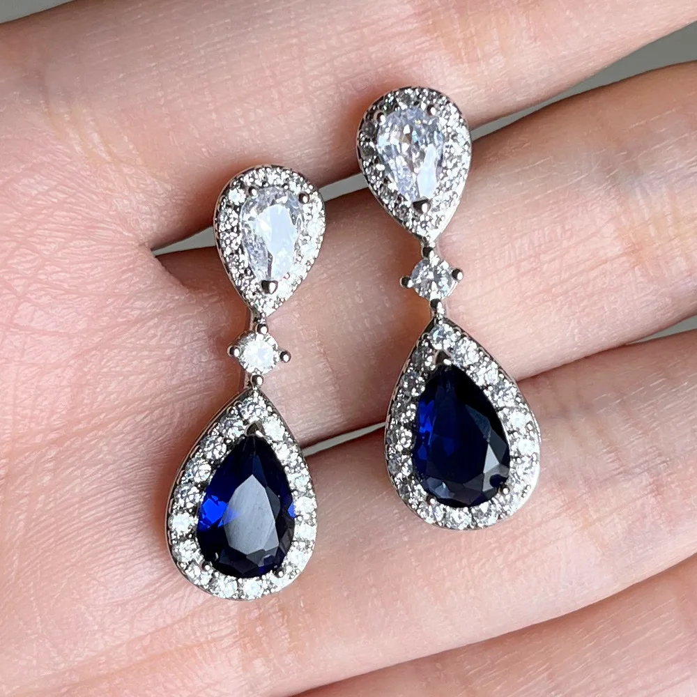 925 Sterling Silver Fashion Luxury Blue/White Pear CZ Drop Earrings New Engagement Wedding Ear Accessories for Women