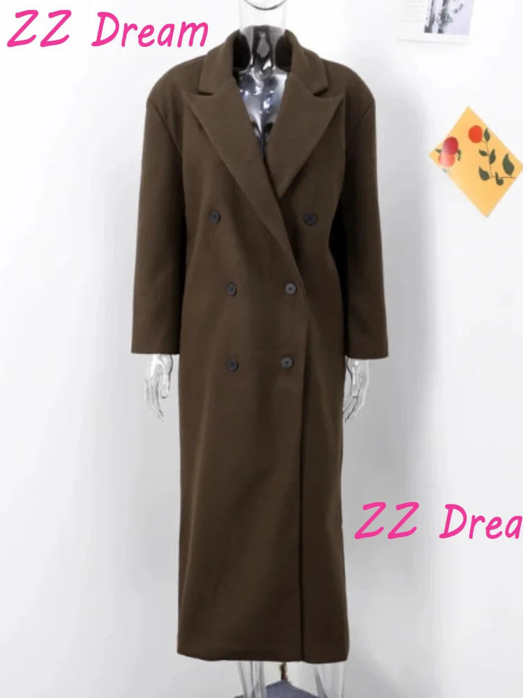 Fashion Women's Faux Wool Long Coat Vintage Lapel Long Sleeve Double Breasted Female Coat 2025 Autumn Winter Loose Lady Overcoat