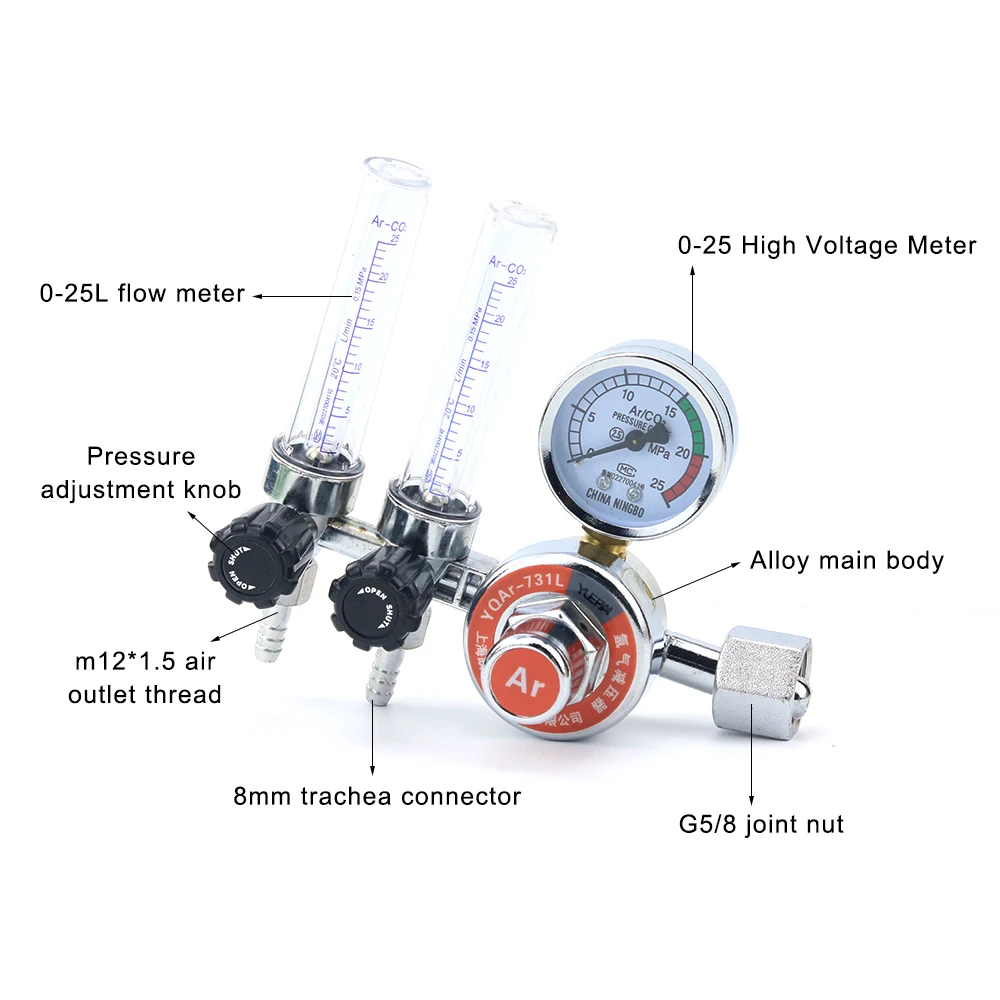 0-25Mpa G5/8 Argon Regulator Mig Tig Flow-Meter Shock-proof Pressure Reducer Gauge Single / Double Tube Flowmeter for CO2 Arc