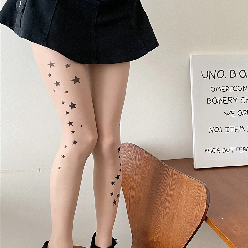 Y2K Star Printed Silk Stockings Japanese Kawaii Cat Tattood Print Pantyhose Lolita JK Tights Gothic Cosplay Party Tights Socks