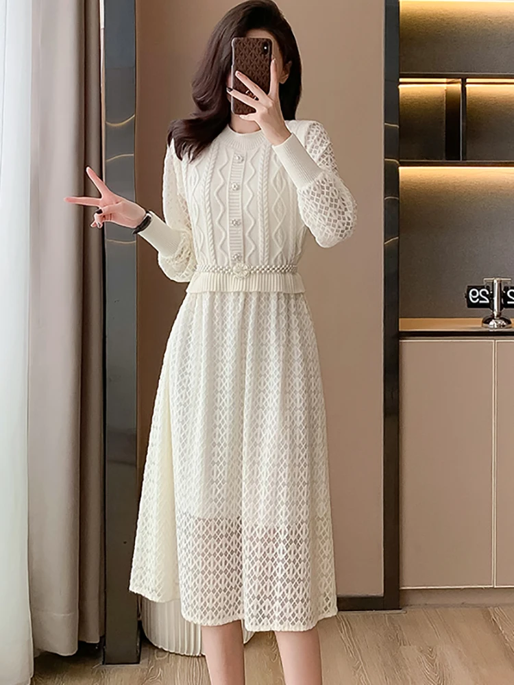 Autumn Winter Black Knitted Patchwork Lace Midi Dress Women Fashion Chic Hook Flower Sweater Dress 2024 Korean Elegant Vestidos