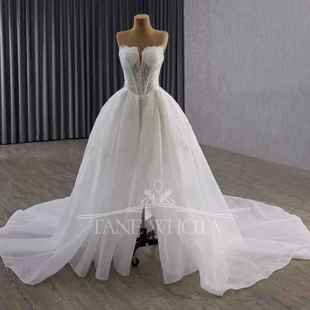 High Slit Sweetheart Sleeveless Zipper Wedding Dresse Beading Embroidery Pearls Customized Bridal Dress
