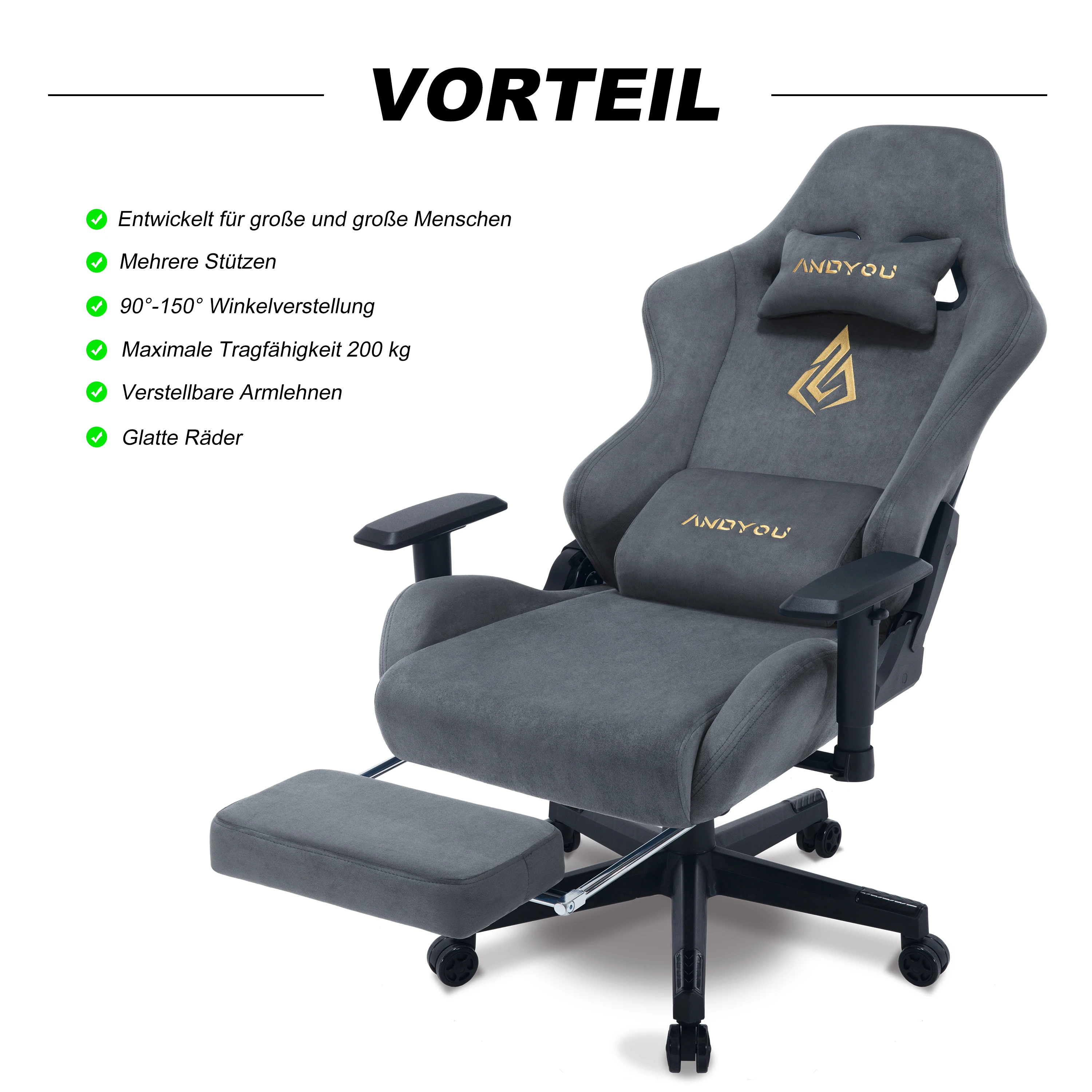 Andyou-Silla de ordenador con reposapiés y soporte Lumbar, asiento ergonómico ajustable en altura, para PC, Gaming