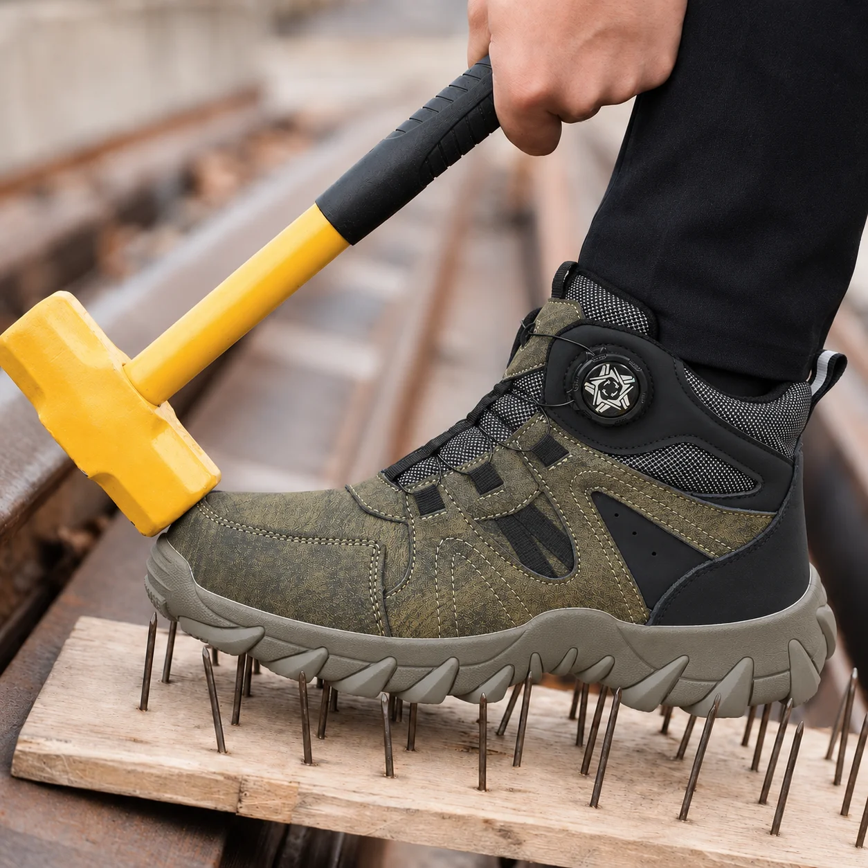 Stoßfeste und durchstichsichere Sicherheitsschuhe für Herren, Sicherheitsstiefel mit Stahlkappe, Arbeitschuhe mit Drehknopf, Herren-Sportschuhe mit Luftpolsterung. ﻿ – Detail 5