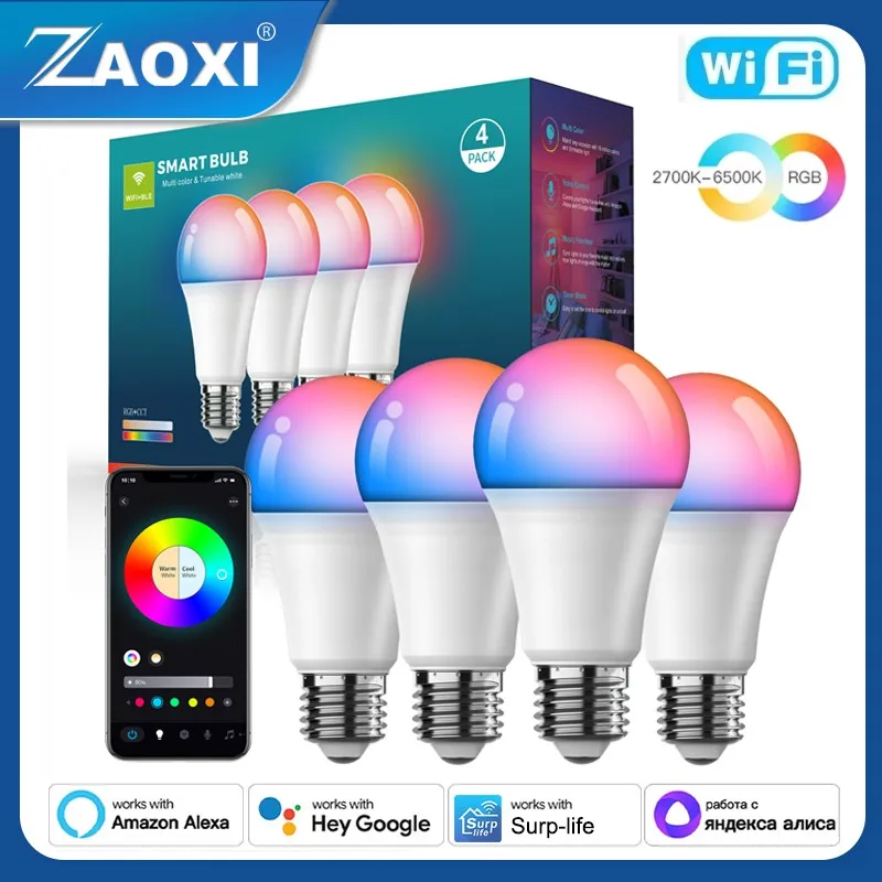 ZAOXI-bombilla LED inteligente con Control remoto, Bombilla RGB regulable de 10W, 2700K ~ 6500K, con WiFi, Bluetooth, asistente de Google Home y Alexa, 4 Uds.