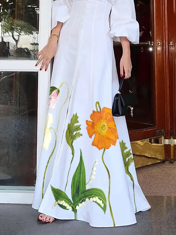 Modigirl Sommer-Damen-Maxikleid mit Blumendruck, 2025, neues Revers, geknöpfte Puffärmel, Geburtstag, Falten, A-Linie, langes Hemdkleid