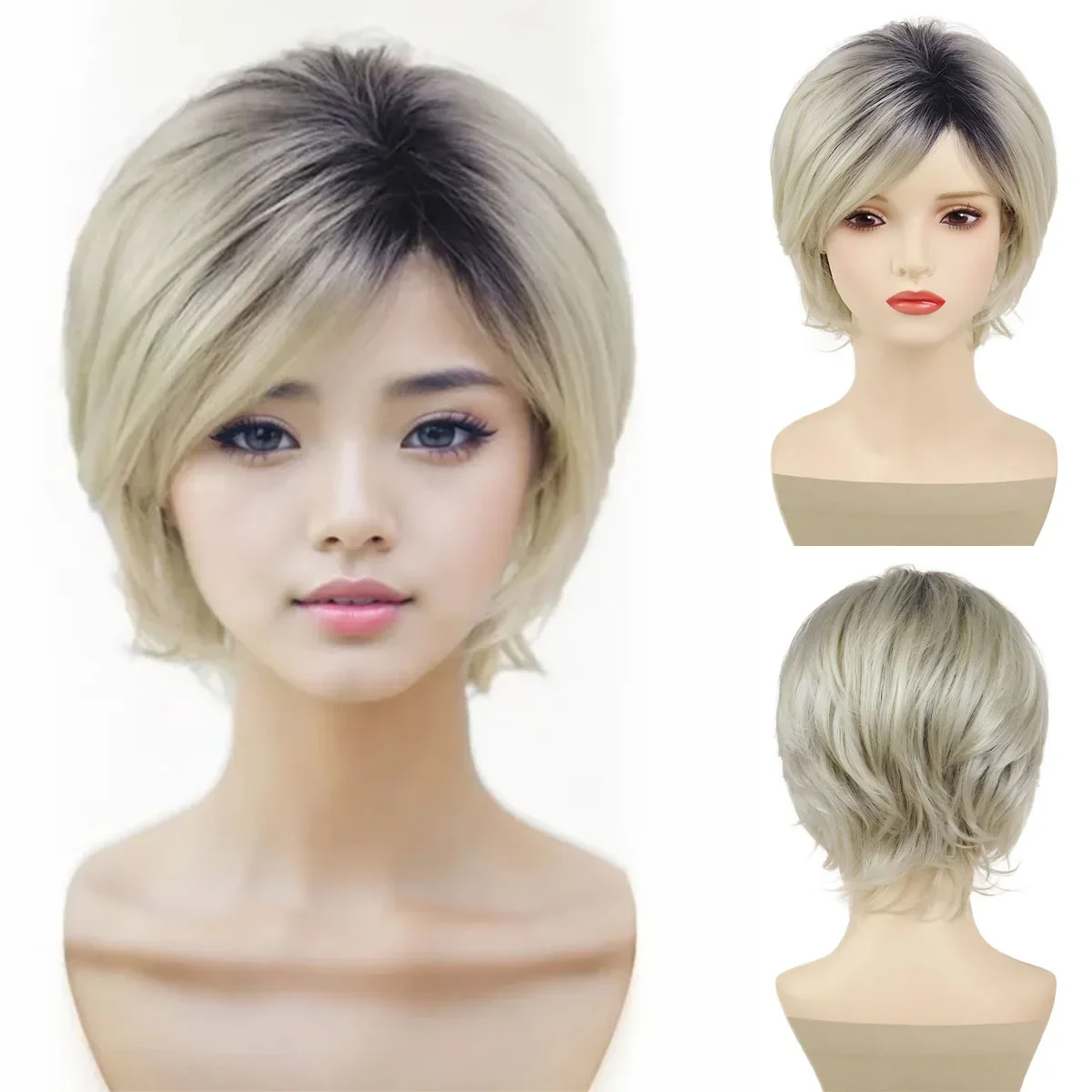 Synthetic Hair Short Ombre Blonde Wig for Women Lady Natural Wavy Curly Dark Root Wigs with Bangs Daily Costume Dress Party Use