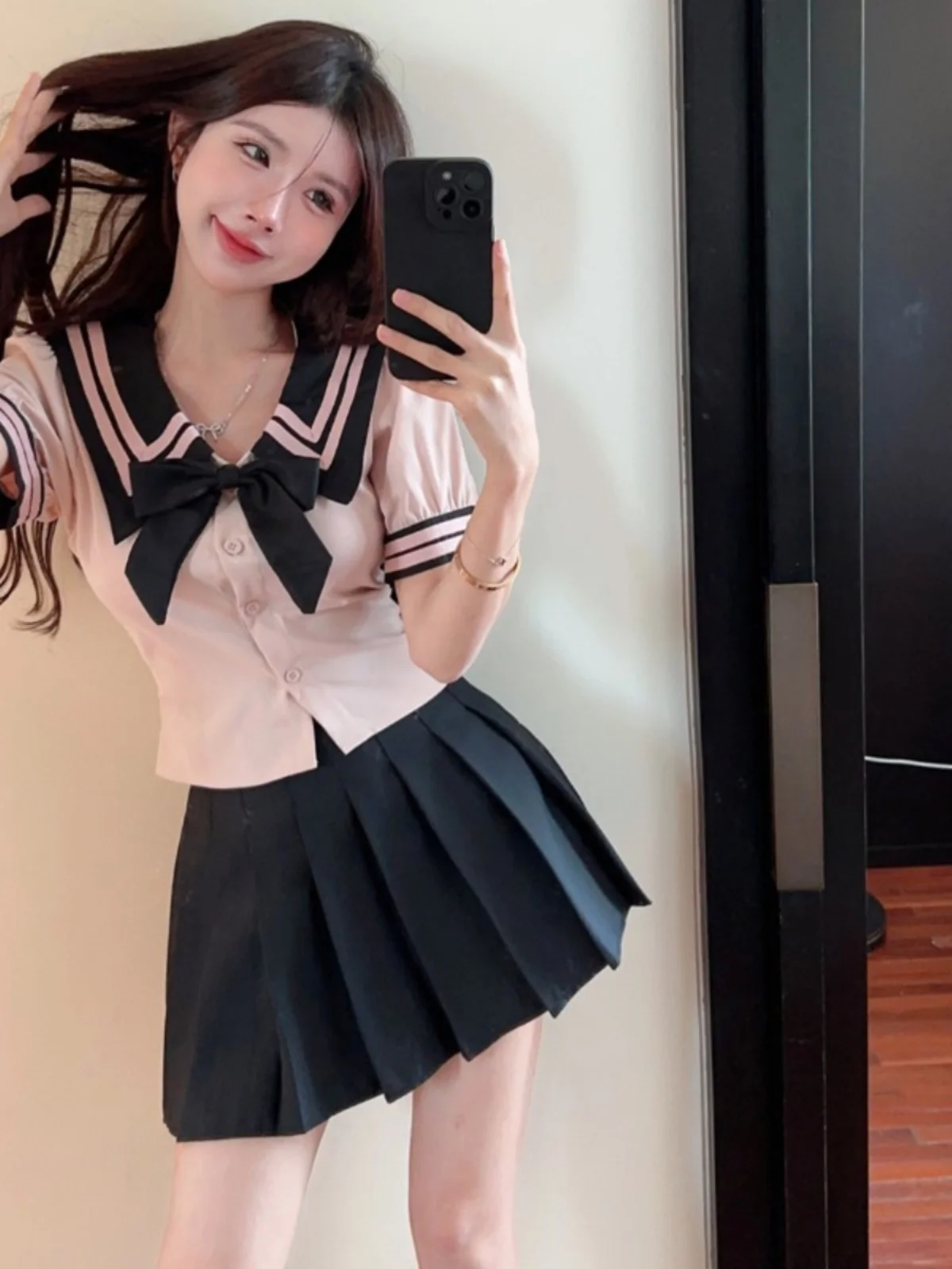 طقم زي مدرسي للبنات بأسلوب حلو، زي JK للنساء، قميص صيفي قصير الأكمام مع تنورة عالية الخصر، طقم من قطعتين