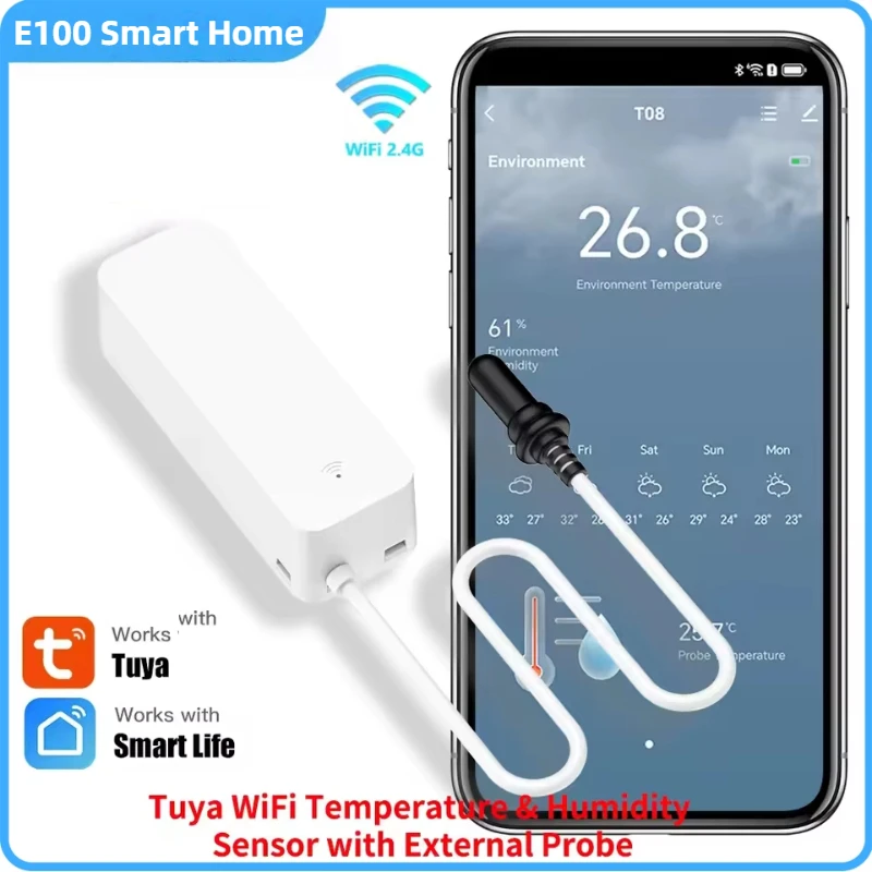 

Датчик температуры и влажности Tuya Wi-Fi с внешним зондом, гигрометр для растений, аквариума, винодерии, поддержка Aalexa TuyaGoogle APP