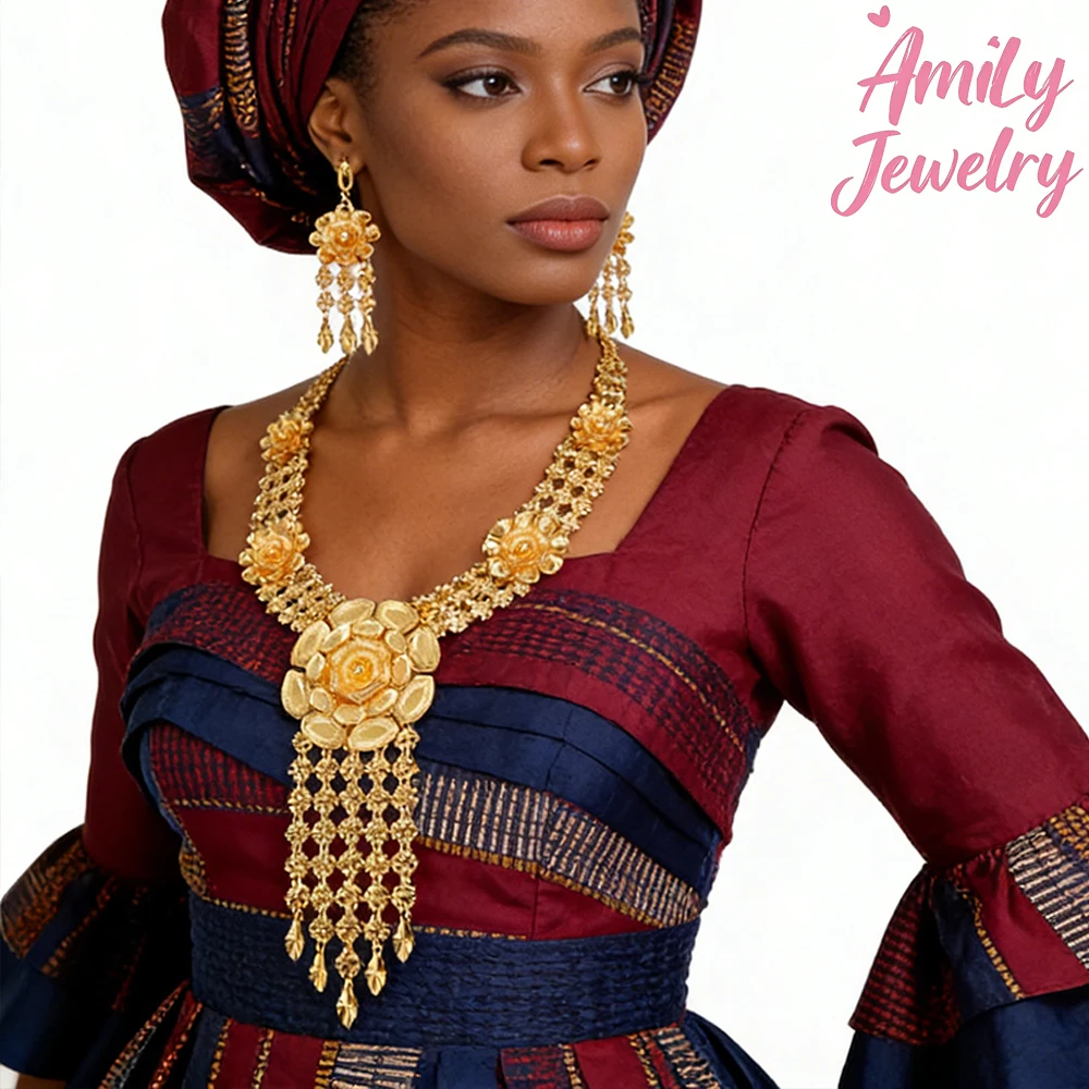 

African Necklace Drop Earring Flower Necklace Earring Jewelry Set Dubai Jewelry Women Fashion Earring Golden Set Party Wedding
