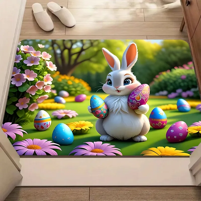 

Cute Easter Bunny Door Mat Cartoon Rabbit Egg Pattern Spring Welcome Rug Soft Non-Slip Home Decor Entryway Carpet