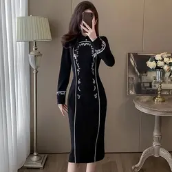 New Chinese Style Retro Dresses Chinese Style Spring and Autumn Dresswinter Slimming New Style Slim Fit All-match Chic Vestidos