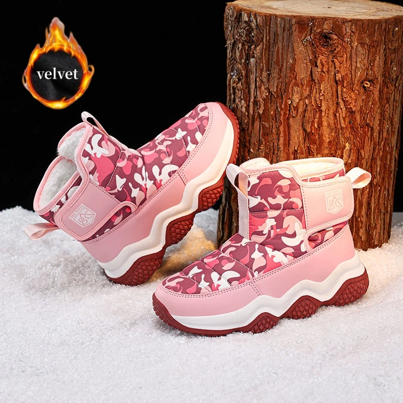 

Fashion Pink Girl's Snow Boots Winter Velvet Kids High Top Sneakers Boys Hiking Shoes Warm Plush Outdoor Children's Sports Shoes