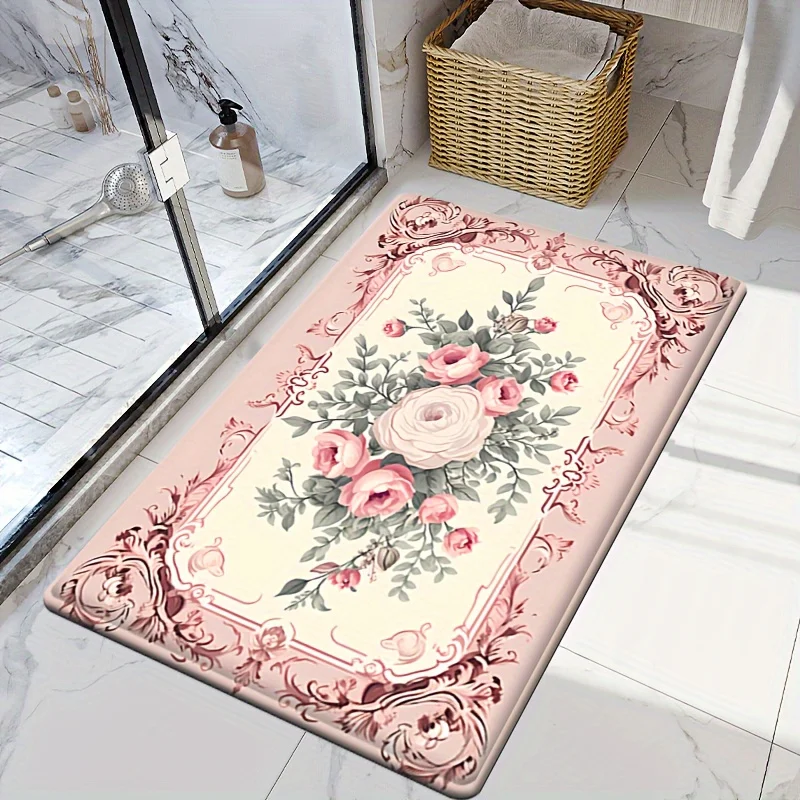 Valentine\'s Day Themed Carpet Rose Print Door Cover Anti Slip Flower Print Carpet Machine Washable Bathroom Home Decoration