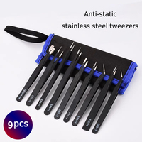 9-10pcs/Set ESD Stainless Steel Tweezers Precision Anti-Static Industrial Repair Tools   Tweezers for Electronics Soldering Cra