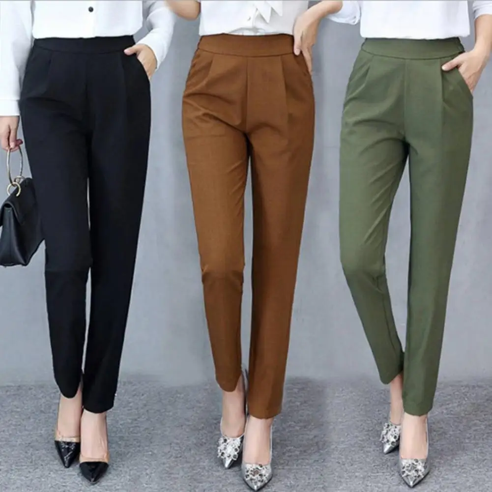 Nine-point Pant Elegant Women's High Waist Slim Fit Pants with Pockets for Office Lady Style Casual Commuting Trousers in Solid