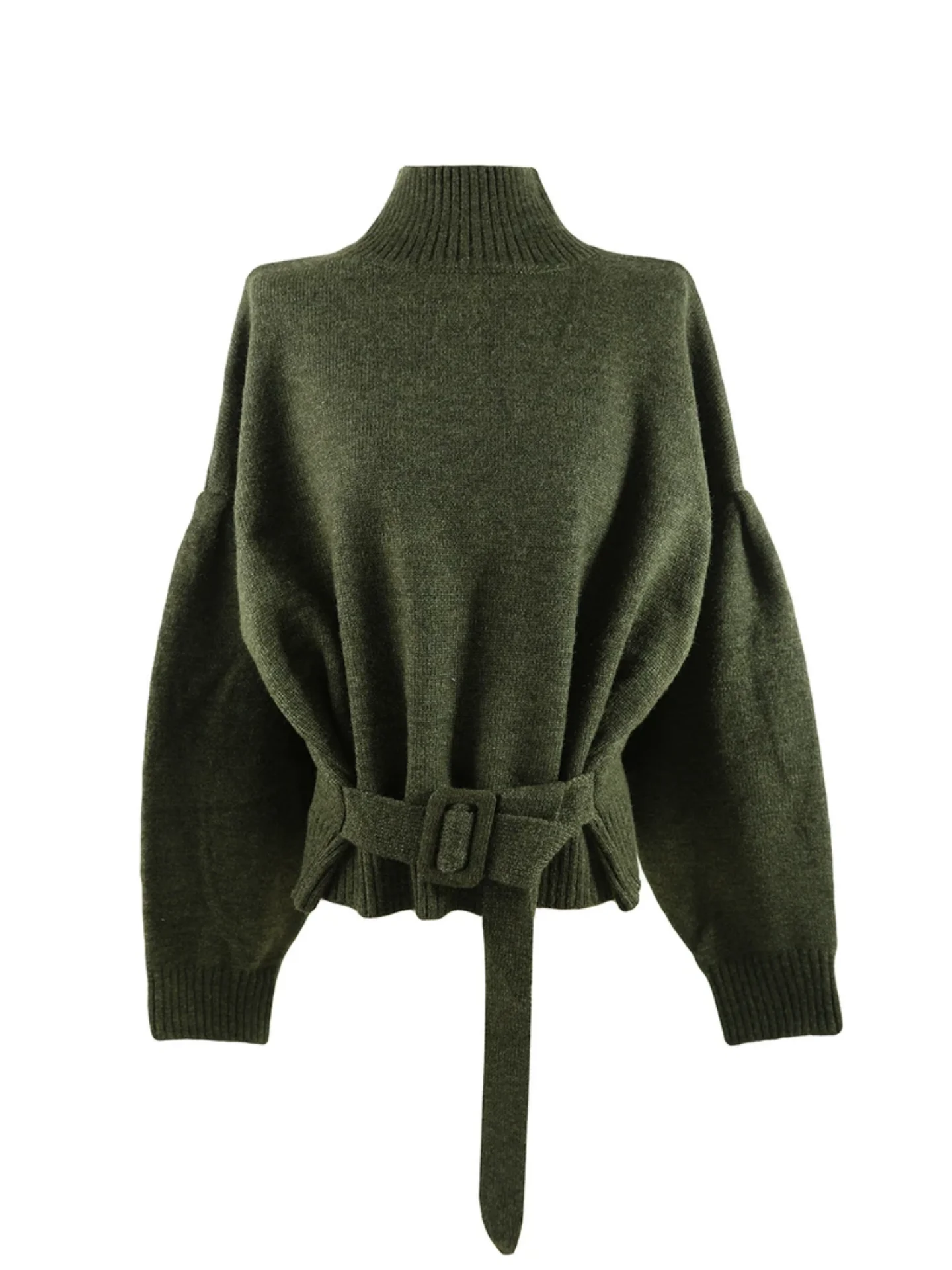 

Ele Slimming Women's Sweater with Belt High Collar Bubble Sve f High Ne Winter Faion Top Korean Sle Casual Wear