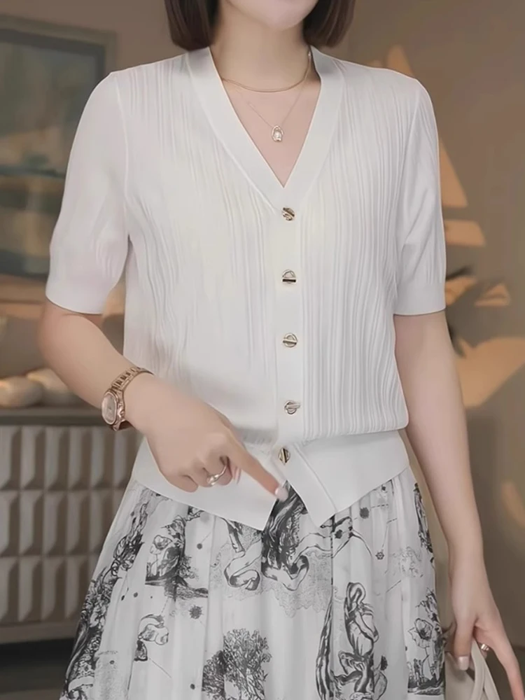 

Ele V-Ne Single-Button Knitted Open Cardigan Summer New Faion High-End Sensation Inner Wear Pure Color Top Women's Si...