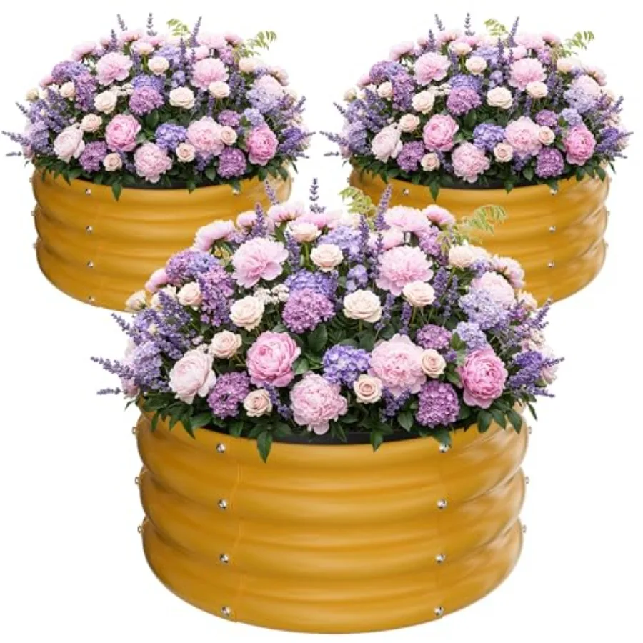 

Raised Garden Bed for vegetables, flowers, herbs: 0.6 mm galvanized steel, yellow, open-bottom round planter box, 2 x 2 x 1 FT,
